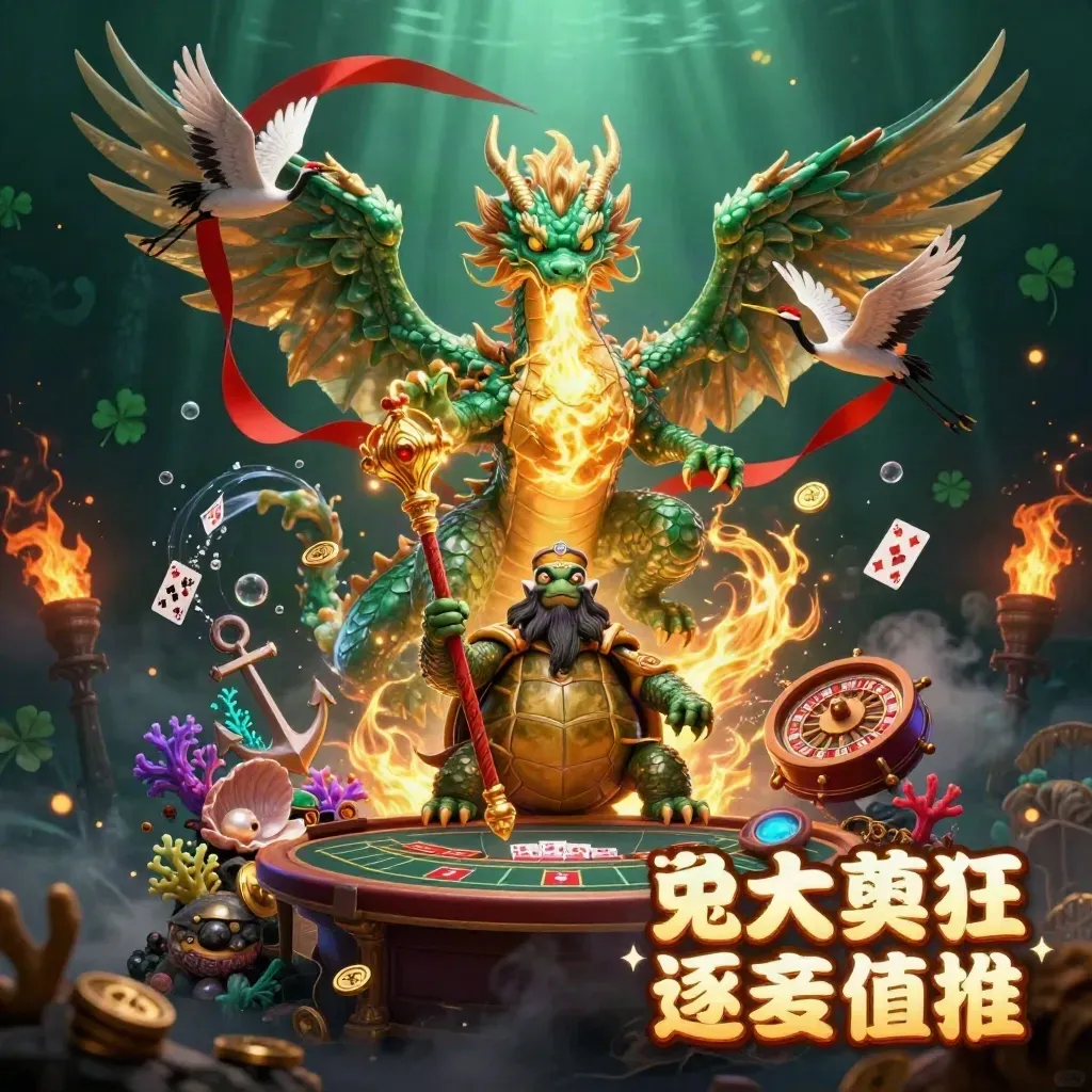 Emerald dragon, turtle sage, and cranes in a glowing treasure cove with casino elements.