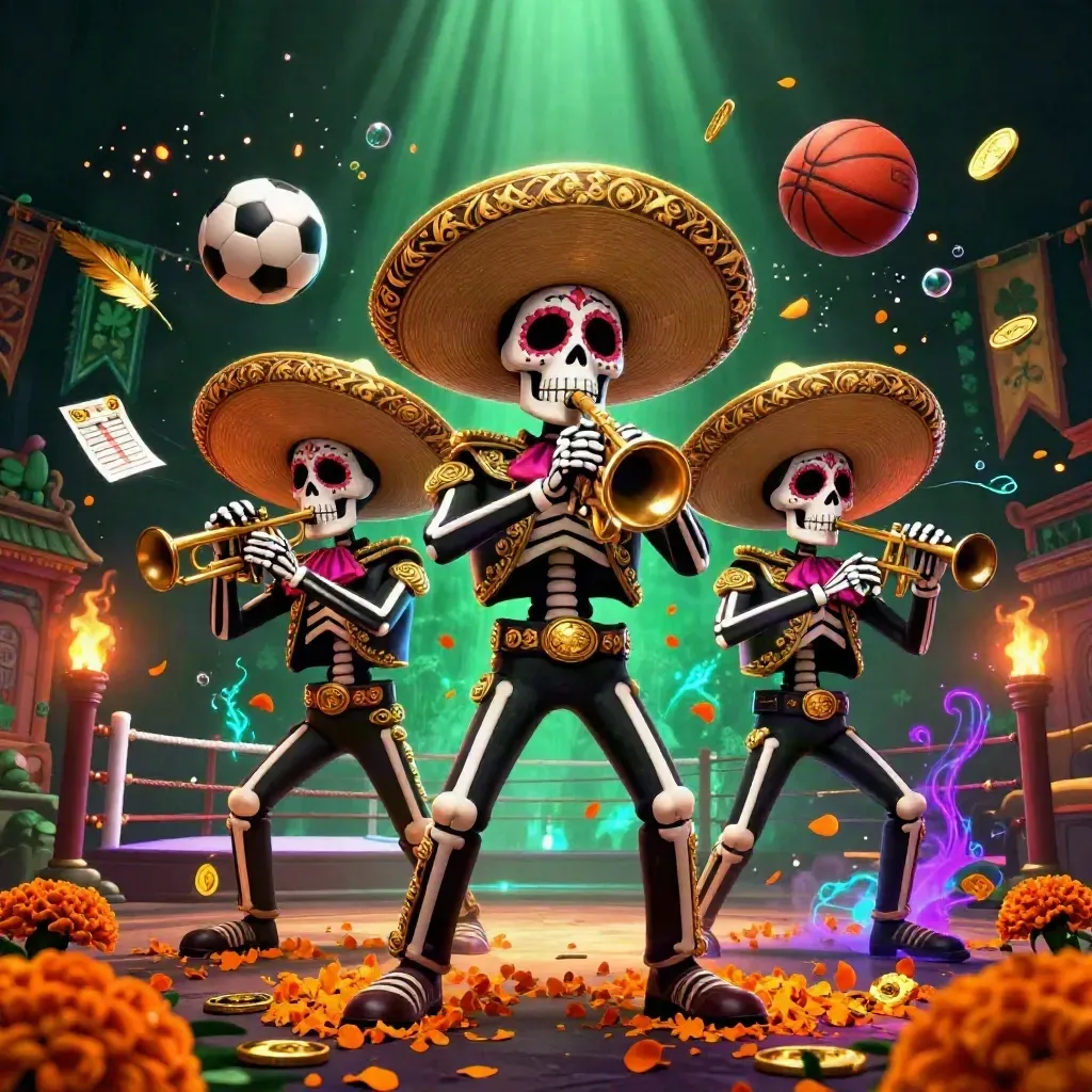 Skeleton mariachi trio amid flying casino sports props, coins, petals, and neon god-rays.