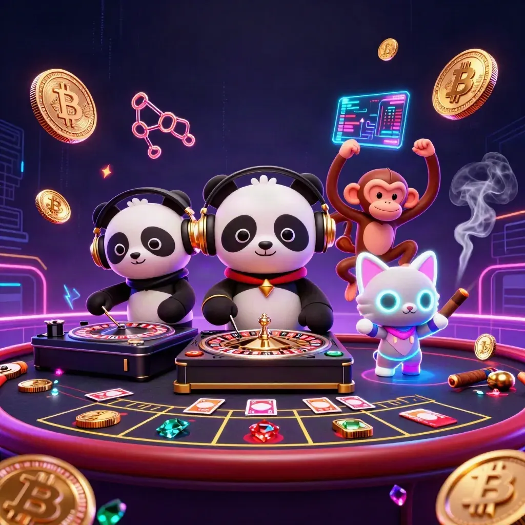 DJ panda, breakdancing monkey, and glow-stick kitten in a neon casino scene with crypto coins.