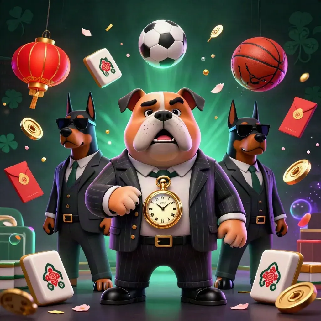 Bulldog boss and Doberman guards amid casino sports props, gold light, neon glow, and flying balls