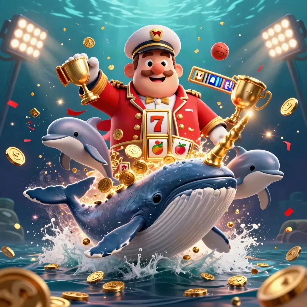 Whale captain, narwhal and dolphins burst from coins with gold treasure and game icons underwater.