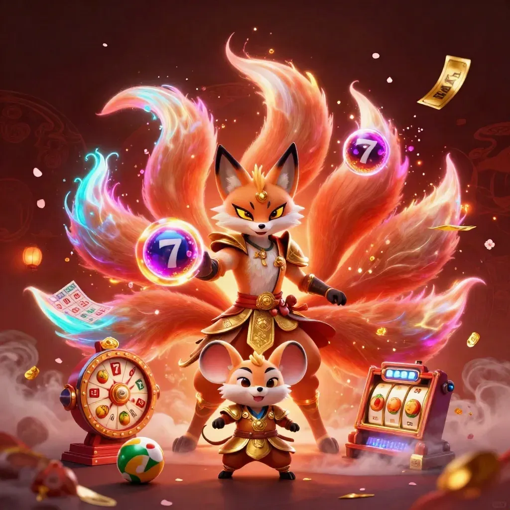 Nine-tailed fox spirit and samurai mouse amid casino treasures, wheels, tickets, and glowing runes.