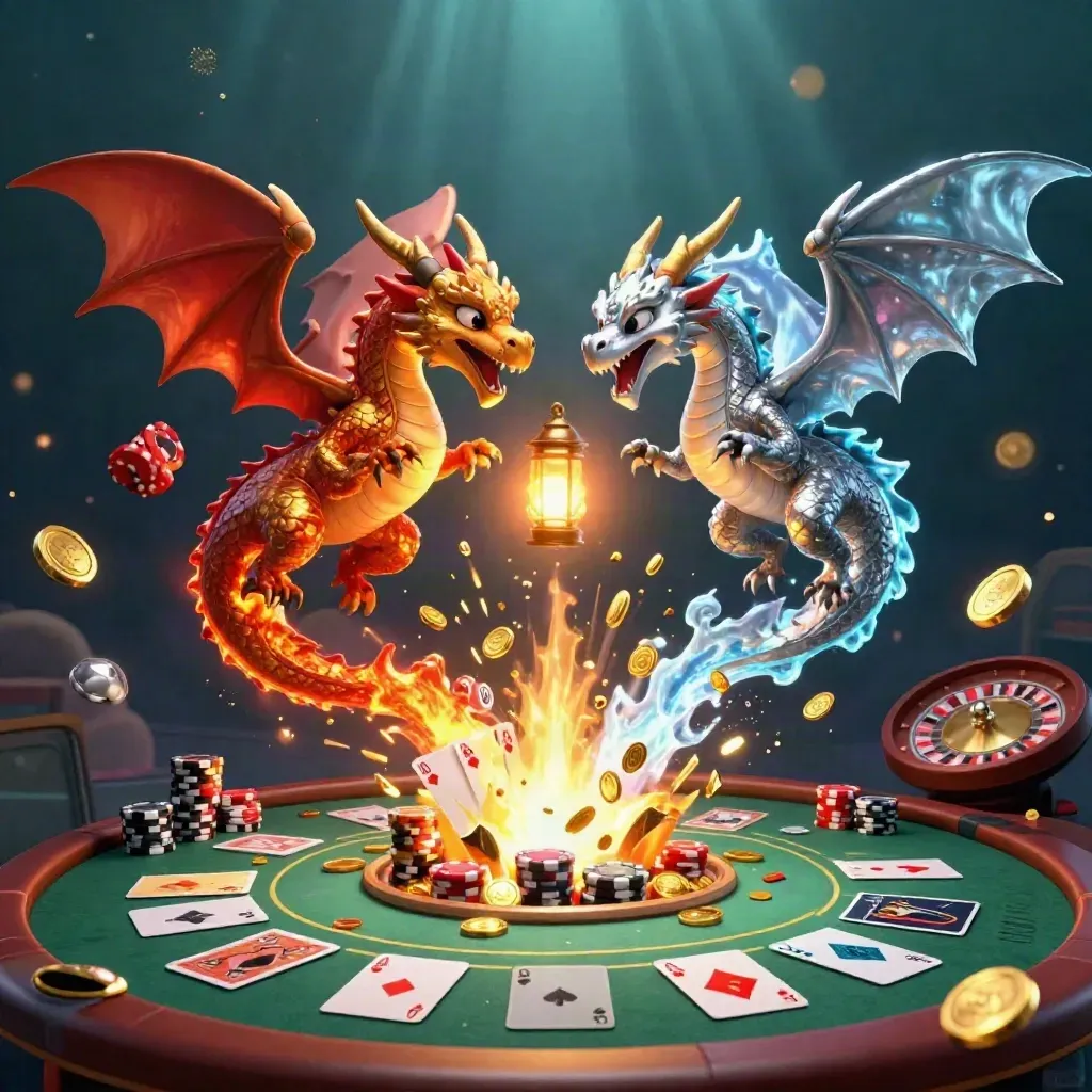 Twin gold and silver dragons swirl over casino chips, cards, coins, and a bursting vault