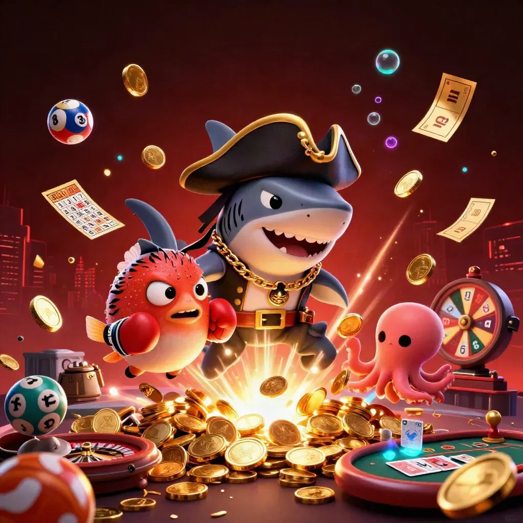 Shark pirate, pufferfish, and octopus amid gold coins, fireworks, roulette and prize wheel